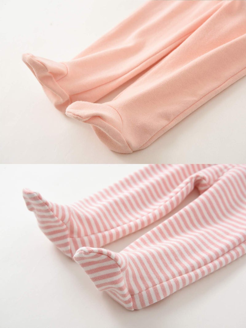 ACESTAR Newborn Infant Baby Boys Girls 3-Pack Cotton High Waist Footed Pants Casual Leggings with Feet 0-3 Months, Pink and Pink Stripe - Image 4