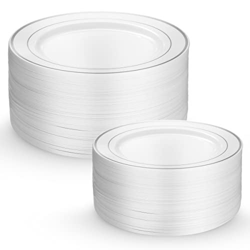 Munfix 60 Silver Plastic Plates Set 30 Pcs 1025 Inch Dinner and 30 Pcs 75 Inch Plastic Dessert Plates Elegant Fancy Heavy Duty Disposable Plates for Party Wedding White with Silver Rim