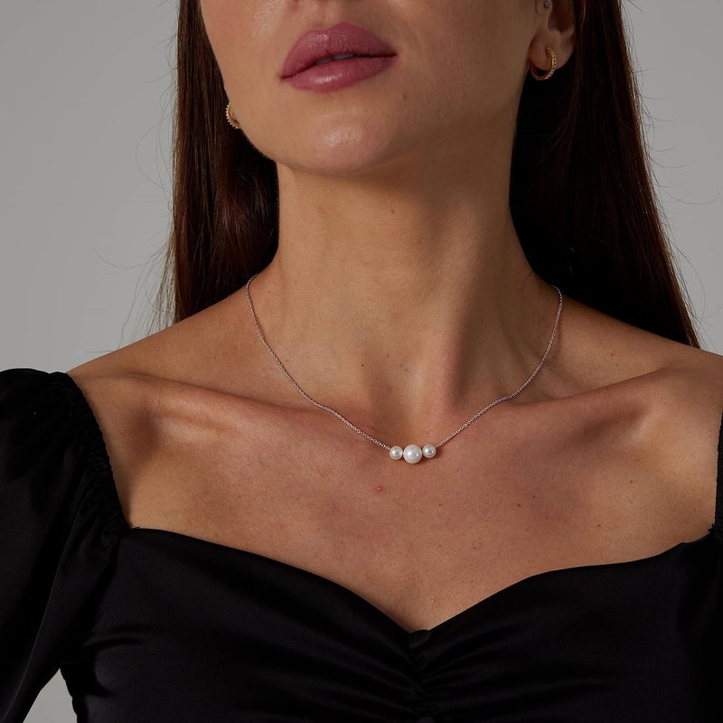 Kyerlyn Sliver Necklace,Dainty Pearl Pendant Necklace for Women Barque Pearl Chain Handmade Cultured with Three Freshwater Pearl Everyday Jewelry for Gifts - Image 2