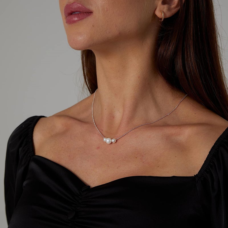 Kyerlyn Sliver Necklace,Dainty Pearl Pendant Necklace for Women Barque Pearl Chain Handmade Cultured with Three Freshwater Pearl Everyday Jewelry for Gifts - Image 5