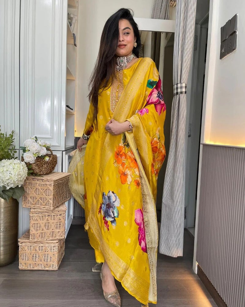 shiv textiles Shivtextles Women's Viscose Organza Embroidered Kurta Pant Dupatta Set(JD-Triveni-Mustard-M) - Image 3
