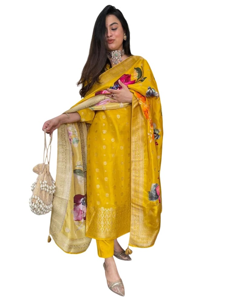 shiv textiles Shivtextles Women's Viscose Organza Embroidered Kurta Pant Dupatta Set(JD-Triveni-Mustard-M) - Image 1