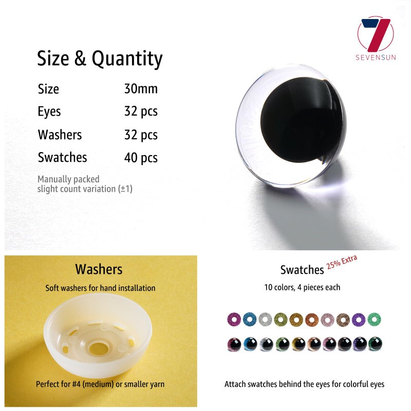 SEVENSUN 30mm Sparkling Off-Centered Glitter Safety Eyes, 3D Moon Glitter Eyes with Washers, Doll Making Stuffed Craft Crochet Safety Eyes for Crocheting Amigurumi - Image 2