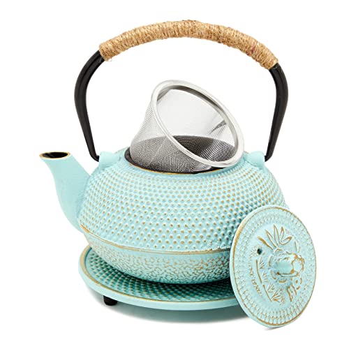 Juvale Cast Iron Tea Kettle with Infuser Green 18 oz500 ml 3Piece Set Teapot for Brewing Loose Leaf Tea Stovetop Safe Tetsubin Set with Trivet