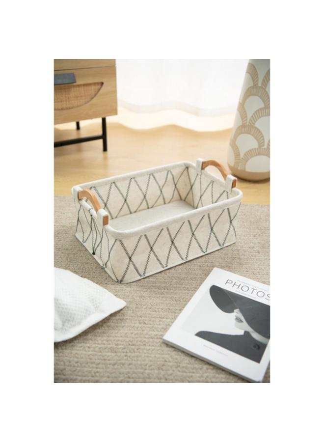 HONEY BEE Rectangular Shape Durable Storage Basket With Wooden Handle White And Black - Image 1