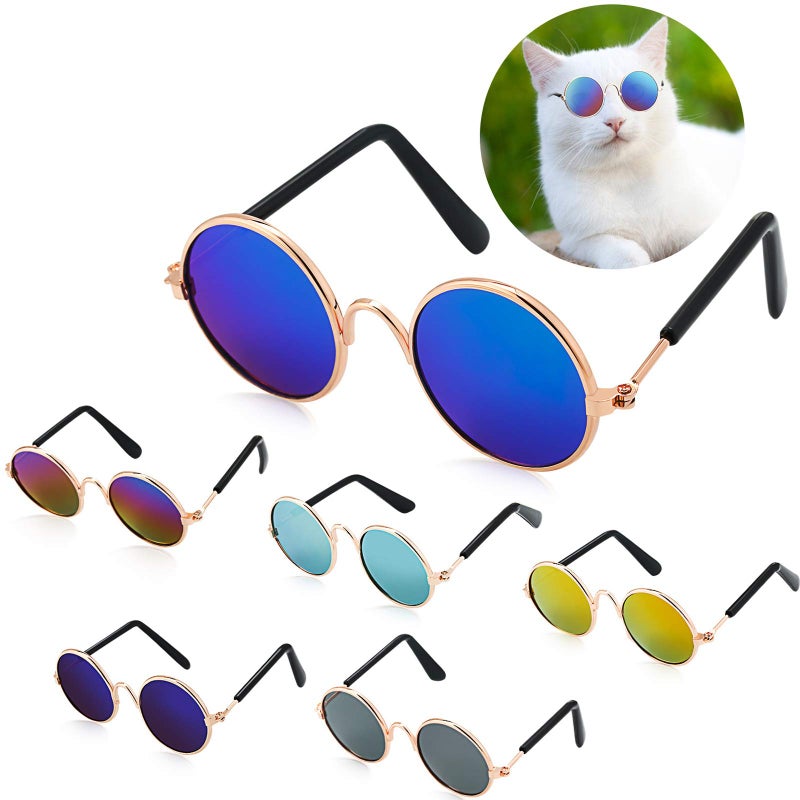 Frienda 6 Pieces Cat Sunglasses Funny Pet Sunglasses Small Dog Sunglasses Classic Retro Circular Pomeranian Sunglasses Eyewear Photos Props Accessories Cosplay Glasses Black and Mix Reflective Color - Image 1