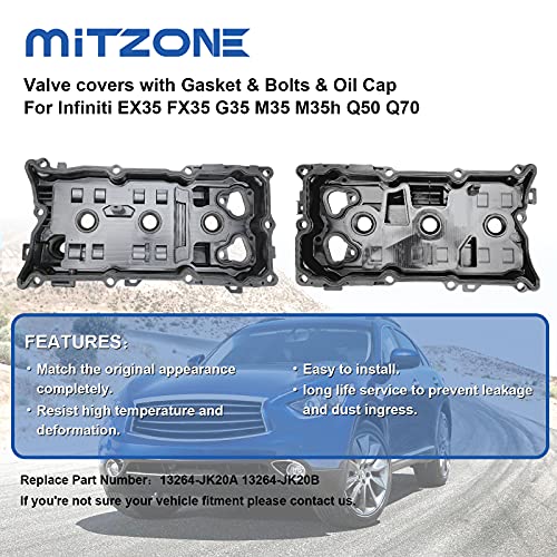MITZONE Engine Valve Covers with Gaskte and Bolts Compatible with 2008-2018 Nissan 350Z Infiniti G35 Ex35 M35 M35H FX35 Q70 Q50 VQ35HR 3.5L Repalce # 13264-Jk20A 13264-Jk20B - Image 4