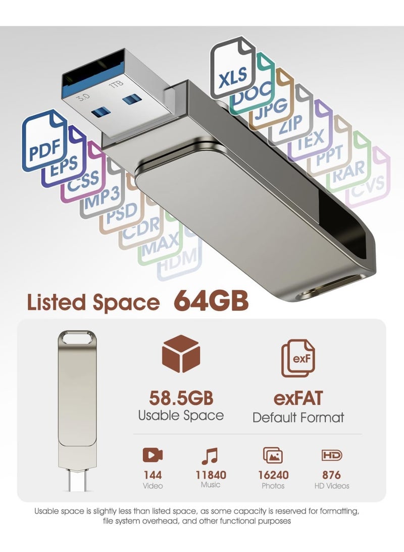M.A&F's ذاكرة فلاش USB-C سعة 64 جيجابايت، ذاكرة مزدوجة المنفذ USB 3.1 OTG، نقل بيانات سريع يصل إلى 100 ميجابايت في الثانية، تصميم معدني أنيق، سلسلة مفاتيح محمولة، متوافقة مع أجهزة أندرويد و iOS - Image 3