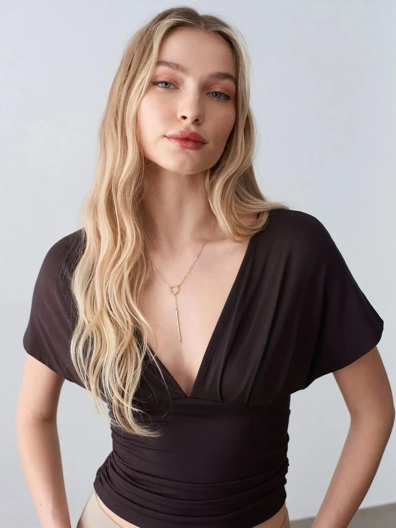 ديلفين Dilvin Slim Fit V-Neck Tie Detail Blouse