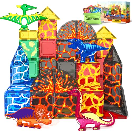 Coodoo Dinosaur Toys Magnetic Tiles Lava Dinosaur World Set  Magnetic Blocks Building for Kids 35 57 Girls Boys Toy Age 46 68 Classroom Must Haves Toddler Sensory for 3 Year Old Kids Toys - Image 1