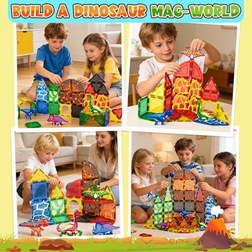 Coodoo Dinosaur Toys Magnetic Tiles Lava Dinosaur World Set  Magnetic Blocks Building for Kids 35 57 Girls Boys Toy Age 46 68 Classroom Must Haves Toddler Sensory for 3 Year Old Kids Toys - Image 5