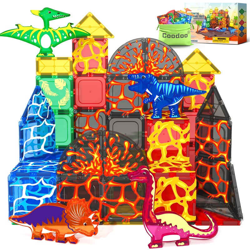 Coodoo Dinosaur Toys Magnetic Tiles Lava Dinosaur World Set  Magnetic Blocks Building for Kids 35 57 Girls Boys Toy Age 46 68 Classroom Must Haves Toddler Sensory for 3 Year Old Kids Toys - Image 3