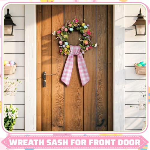CraftyDream Wreath Sash for Front Door Wreath Satin Sash Blank Sashes Embroidery Monogram Yard Doorway Indoor Outdoor Wall Ribbon Bow Home Decor(Pink, White,Spring Buffalo Plaid) - Image 2