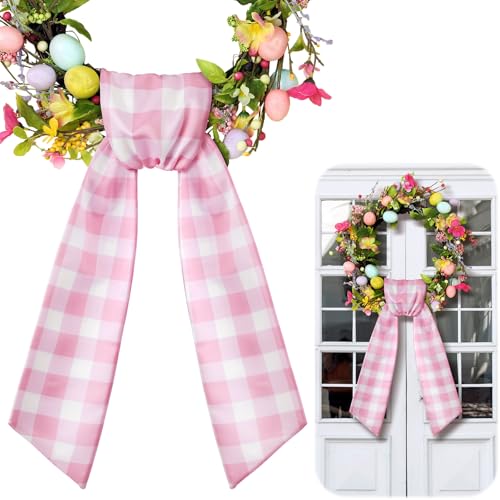 CraftyDream Wreath Sash for Front Door Wreath Satin Sash Blank Sashes Embroidery Monogram Yard Doorway Indoor Outdoor Wall Ribbon Bow Home Decor(Pink, White,Spring Buffalo Plaid) - Image 1