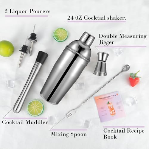Semderm Cocktail Shaker Set, 6-Piece Mixology Bartender Kit Premium Shakers Bartending: Martini Shaker Jigger Mixing Spoon Muddler 2 Pourers Bar Tools Set with Built-in Bartender Strainer for Drink Shaker - Image 2