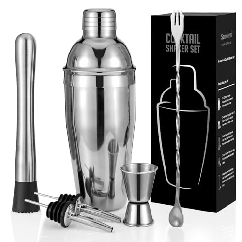 Semderm Cocktail Shaker Set, 6-Piece Mixology Bartender Kit Premium Shakers Bartending: Martini Shaker Jigger Mixing Spoon Muddler 2 Pourers Bar Tools Set with Built-in Bartender Strainer for Drink Shaker - Image 1