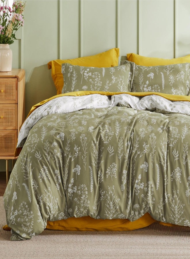 Bedsure Twin/Twin XL Duvet Cover - Reversible Olive Green Duvet Cover Set with Zipper Closure, 2 Pieces Cute Floral Patterned Bedding Set with 8 Corner Ties and 1 Pillow Sham - Image 1