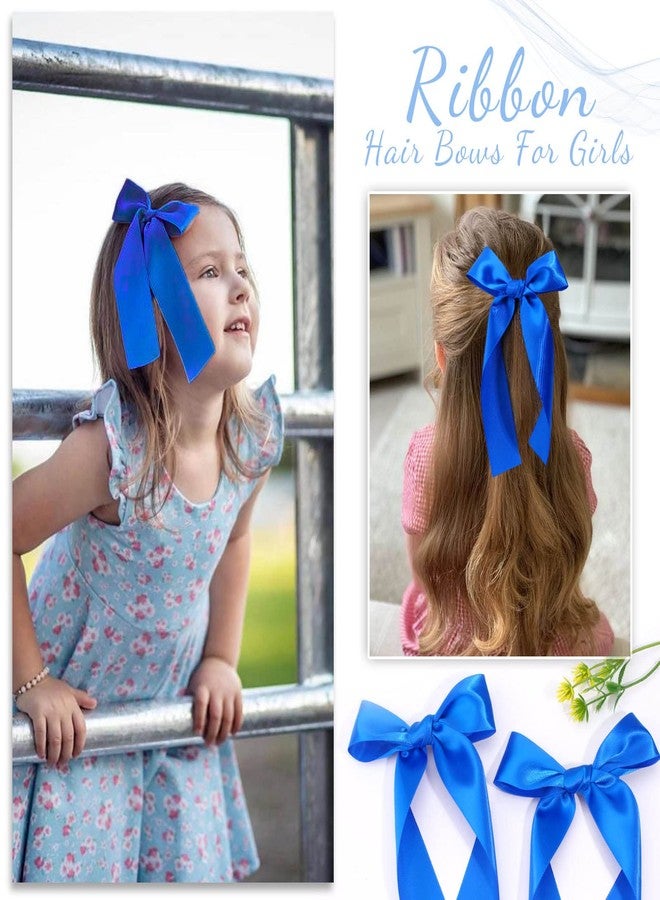 NCMAMA 2Pcs Long Ribbon Hair Bows for Girls Hair Clip Silk Hair Bow Ribbon Hair Accessories for Baby Toddlers Infant Teens Kids (Blue) - Image 2