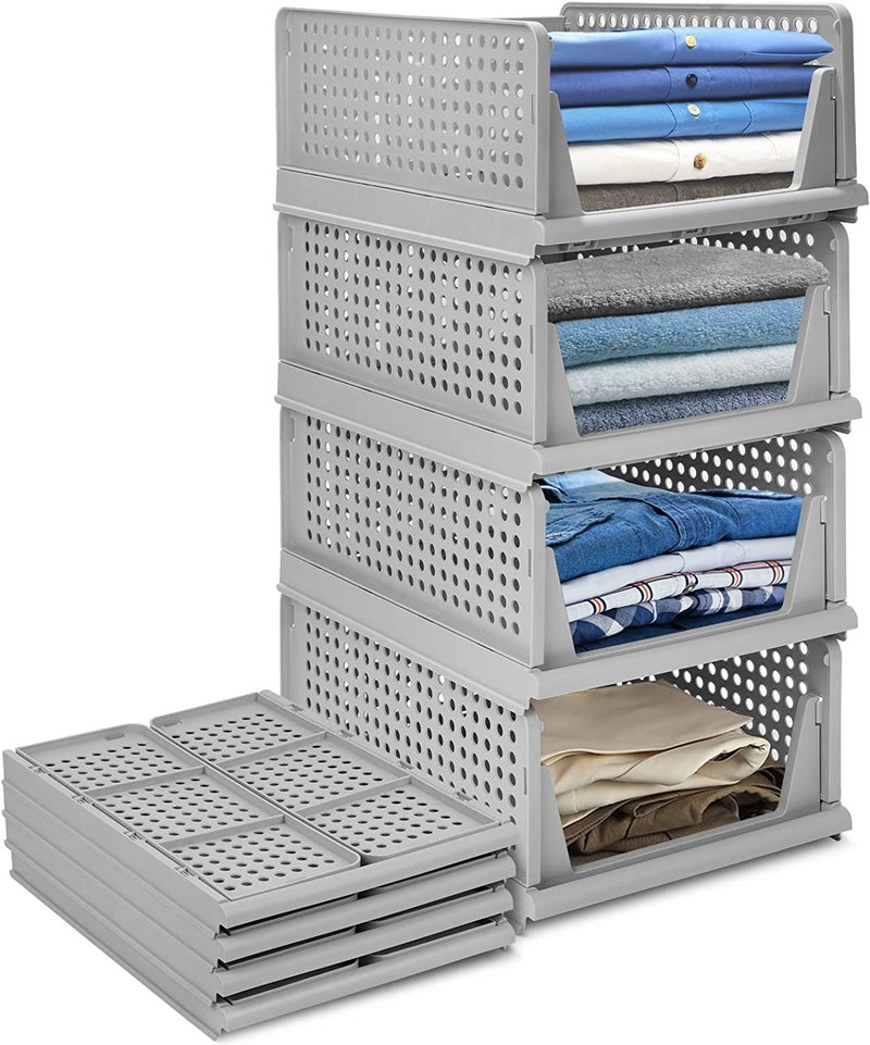 Rylan Clothes Organizer for Wardrobe Cupboard Organizer for Clothes Foldable and Stackable Closet Organizer Drawer Organizer for Clothes Multi Purpose Plastic Shirts Tops Grey Pack of 4 - Image 1