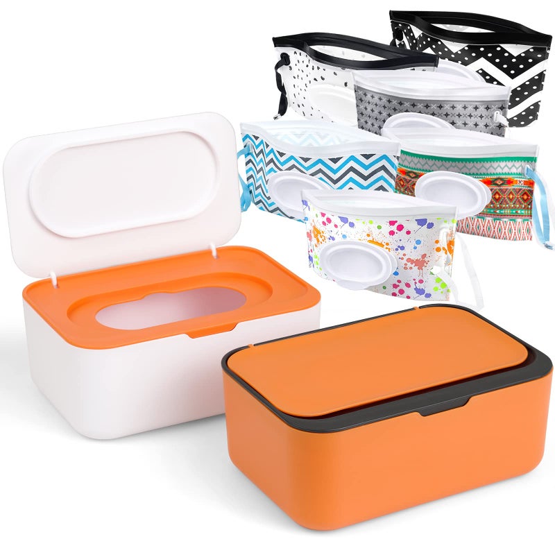 8Pcs Baby Wipes Dispenser Reusable Baby Wipe Holder Box and Portable Wet Wipes Pouch Refillable Wipes Pouch Case Container with Lid for Bathroom Baby Nursery Kitchen Office Travel Orange