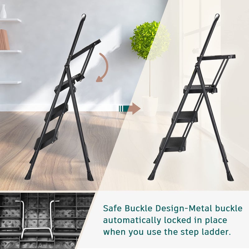 HBTower 3 Step Ladder with Tool Tray, Folding Step Stool with Wide Non-Slip Pedal and Comfort Handgrip for Household and Office, Lightweight 500lbs Capacity Step Ladder, Black - Image 4
