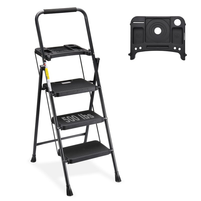 HBTower 3 Step Ladder with Tool Tray, Folding Step Stool with Wide Non-Slip Pedal and Comfort Handgrip for Household and Office, Lightweight 500lbs Capacity Step Ladder, Black - Image 1