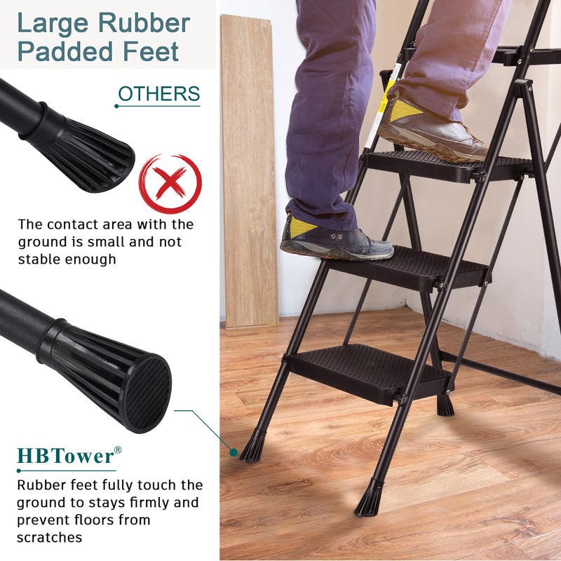 HBTower 3 Step Ladder with Tool Tray, Folding Step Stool with Wide Non-Slip Pedal and Comfort Handgrip for Household and Office, Lightweight 500lbs Capacity Step Ladder, Black - Image 3