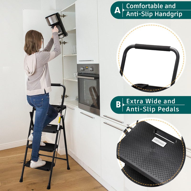 HBTower 3 Step Ladder with Tool Tray, Folding Step Stool with Wide Non-Slip Pedal and Comfort Handgrip for Household and Office, Lightweight 500lbs Capacity Step Ladder, Black - Image 2