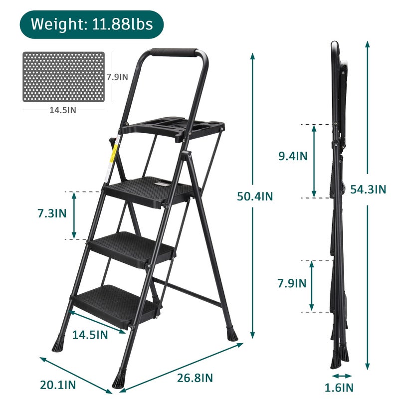 HBTower 3 Step Ladder with Tool Tray, Folding Step Stool with Wide Non-Slip Pedal and Comfort Handgrip for Household and Office, Lightweight 500lbs Capacity Step Ladder, Black - Image 5