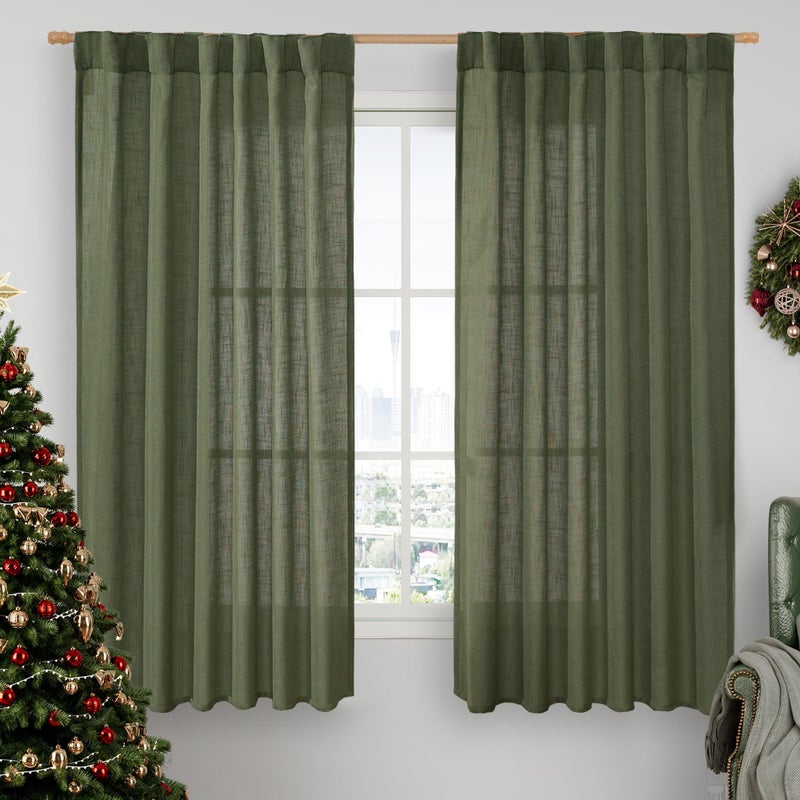 LAMIT Olive Green Linen Curtains 63 Inch for Bedroom, Light Filtering Neutral Semi Sheer Window Curtains Back Tab and Rod Pocket Christmas Panels, 2 Panels, 52 x 63 Inch - Image 1