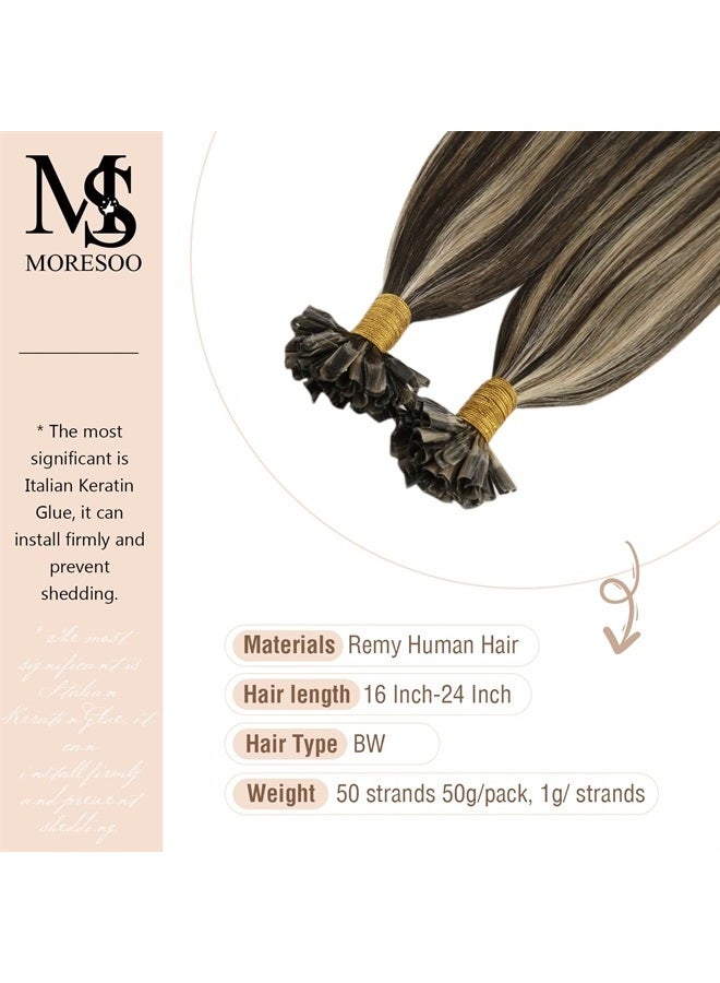Moresoo U Tip Hair Extensions Remy Utip Extensions Real Human Hair Chocolate Brown Highlighted With Caramel Blonde Keratin Bond Hair Extensions U Tip 50G 50S 22 Inch #P4/27