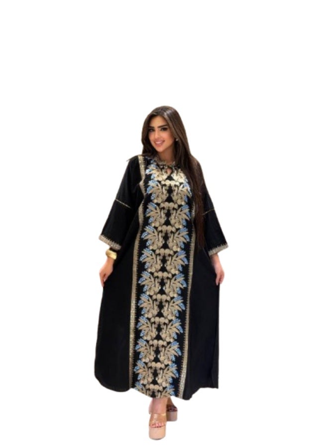 Women's cotton linen abaya, handmade with embroidery – suitable for going out, receiving guests, and special occasions – a stylish and elegant wide abaya for veiled women, with a modern design. - Image 1