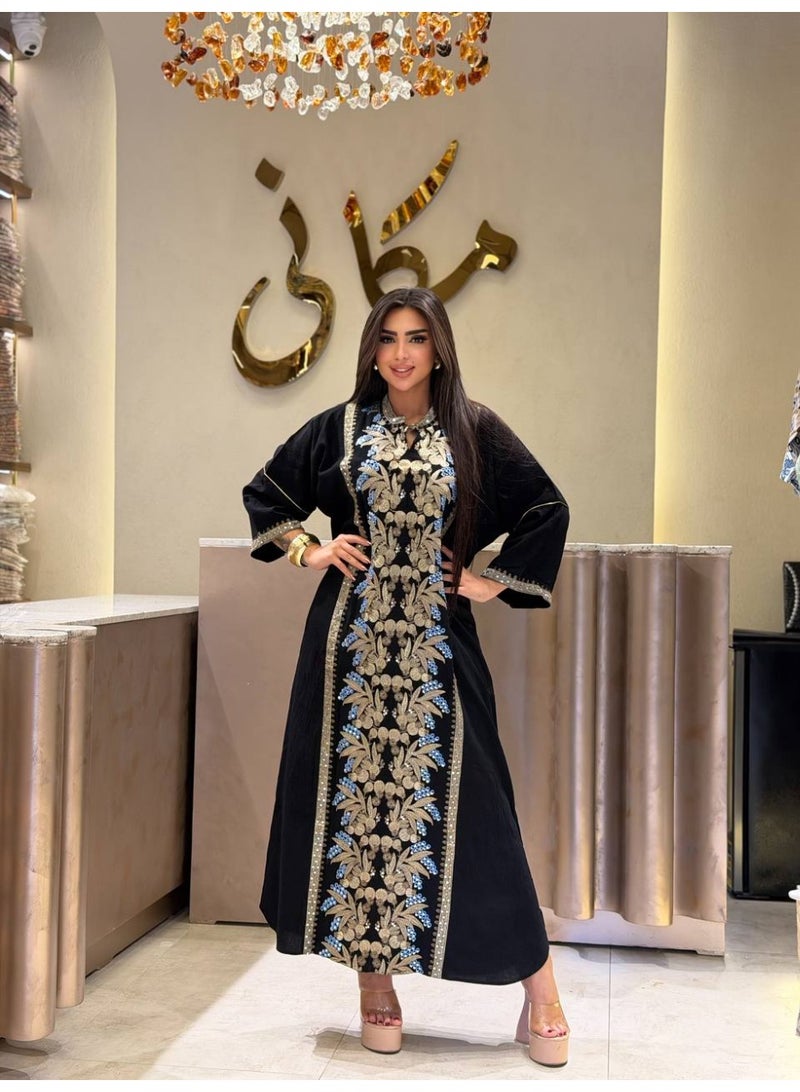 Women's cotton linen abaya, handmade with embroidery – suitable for going out, receiving guests, and special occasions – a stylish and elegant wide abaya for veiled women, with a modern design. - Image 2