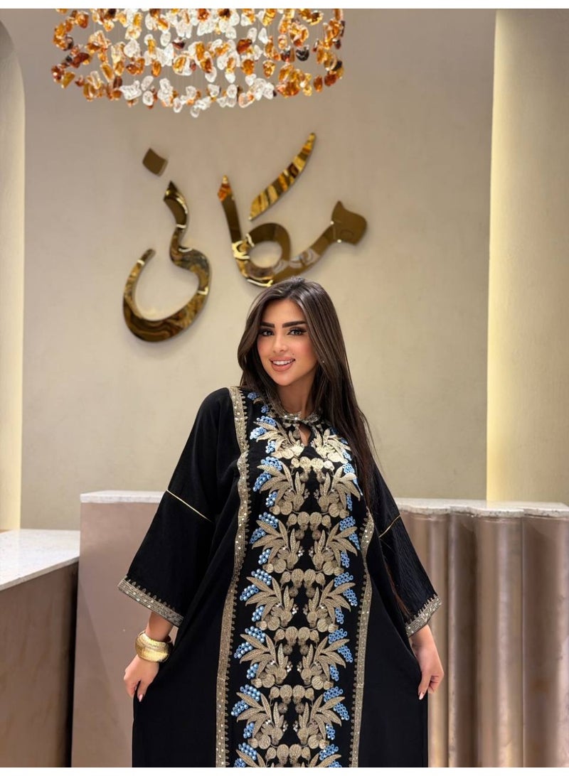 Women's cotton linen abaya, handmade with embroidery – suitable for going out, receiving guests, and special occasions – a stylish and elegant wide abaya for veiled women, with a modern design. - Image 3
