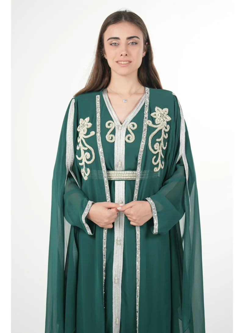 Al Bent Al Sharqieh dark green emboidered chiffon kaftan dress for Women | Best Price UAE