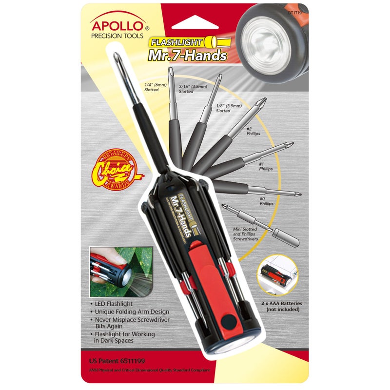 Apollo Tools Original Mr. 7-Hands, Multi Screwdriver Hand Tool, All In One Patented Screwdriver, 8 Screwdrivers in 1 Tool with Worklight and Flashlight - Red - DT1719 - Image 3