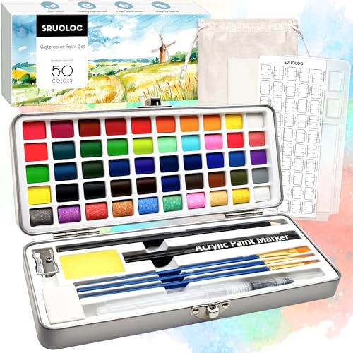 SRUOLOC Watercolor Paint Set 50 Colors Travel Watercolor Set with Portable Carrying Case Papers Brushes and Accessories Ideal for Artists Amateur Hobbyists and Painting Lovers