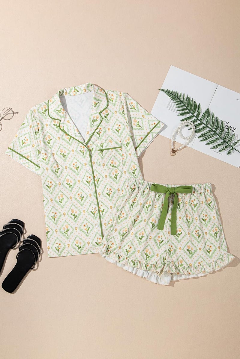 KevaMolly Womens Lounge Sets Floral Bow Printed Pocketed Knotted PJ Set Short Sleeve Xmas Top and Shorts Floral Green S - Image 3