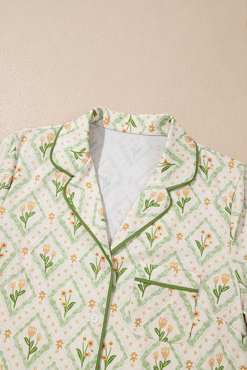 KevaMolly Womens Lounge Sets Floral Bow Printed Pocketed Knotted PJ Set Short Sleeve Xmas Top and Shorts Floral Green S - Image 2