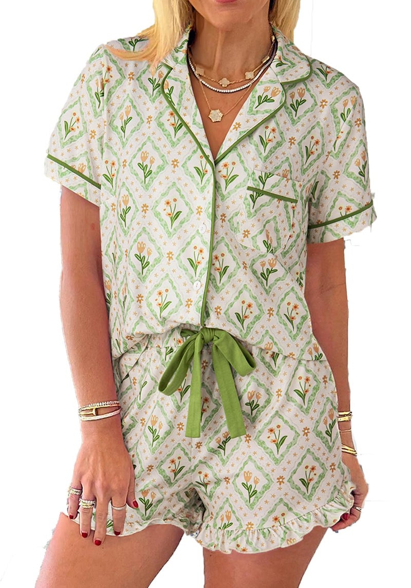 KevaMolly Womens Lounge Sets Floral Bow Printed Pocketed Knotted PJ Set Short Sleeve Xmas Top and Shorts Floral Green S - Image 1