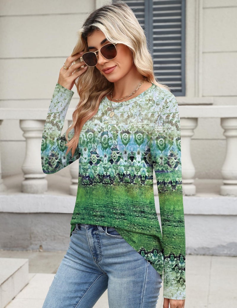TCOT Womens Shirts Dressy Casual Long Sleeve Trendy Elegant Loose Casual Crew Neck Blouses Green Floral Clothes L - Image 4