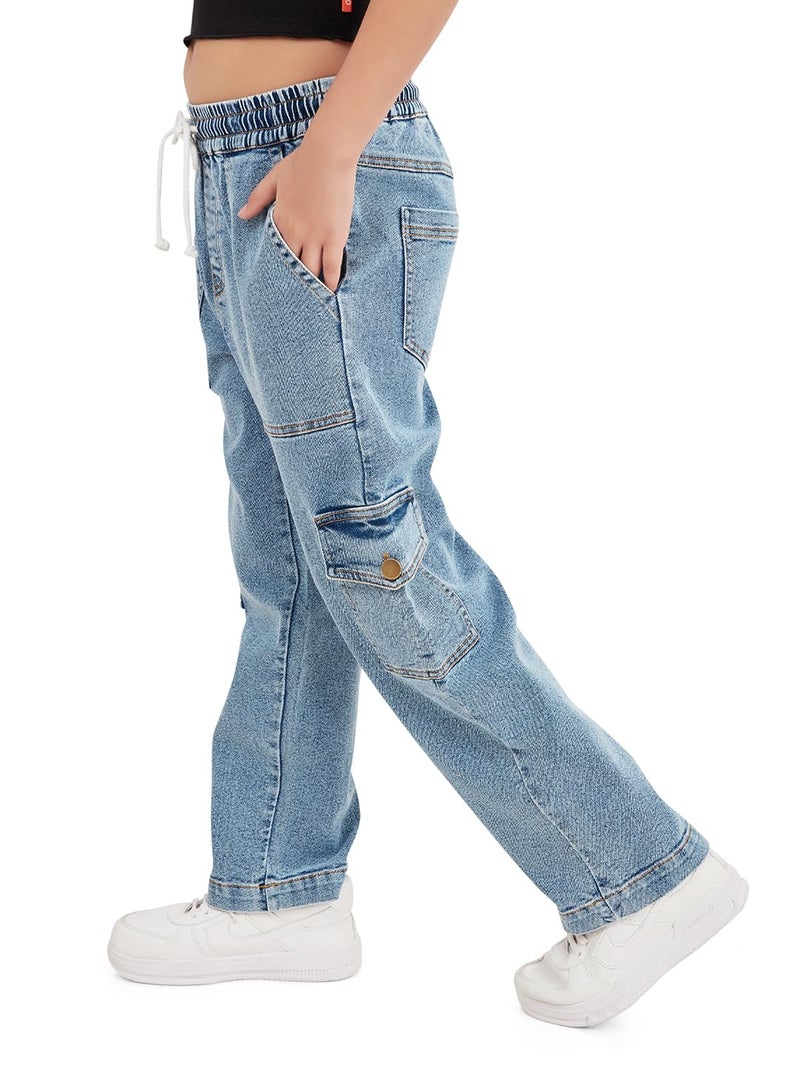 olele® Girls Camila Cargo Regular Fit Stretchable Denim Jeans Elasticated Waist Pant for 4 to 14 Years Kids | 6 Pocket Jeans for Girls 6 to 7 Years - 8-10 Yrs - Image 4