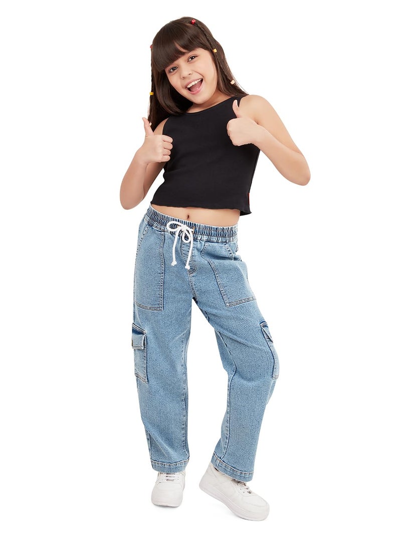 olele® Girls Camila Cargo Regular Fit Stretchable Denim Jeans Elasticated Waist Pant for 4 to 14 Years Kids | 6 Pocket Jeans for Girls 6 to 7 Years - 8-10 Yrs - Image 3