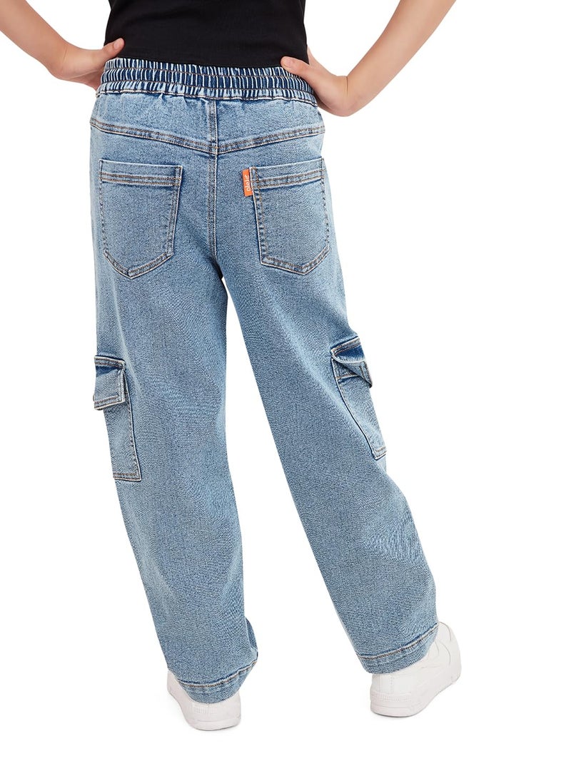 olele® Girls Camila Cargo Regular Fit Stretchable Denim Jeans Elasticated Waist Pant for 4 to 14 Years Kids | 6 Pocket Jeans for Girls 6 to 7 Years - 8-10 Yrs - Image 2