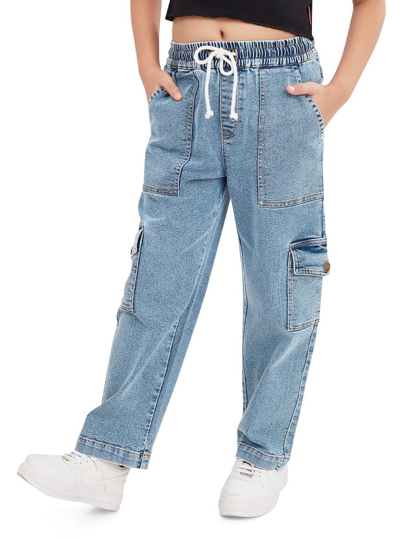 olele® Girls Camila Cargo Regular Fit Stretchable Denim Jeans Elasticated Waist Pant for 4 to 14 Years Kids | 6 Pocket Jeans for Girls 6 to 7 Years - 8-10 Yrs - Image 1