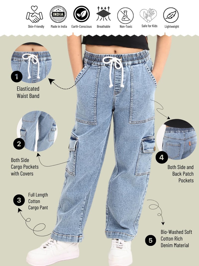 olele® Girls Camila Cargo Regular Fit Stretchable Denim Jeans Elasticated Waist Pant for 4 to 14 Years Kids | 6 Pocket Jeans for Girls 6 to 7 Years - 8-10 Yrs - Image 5