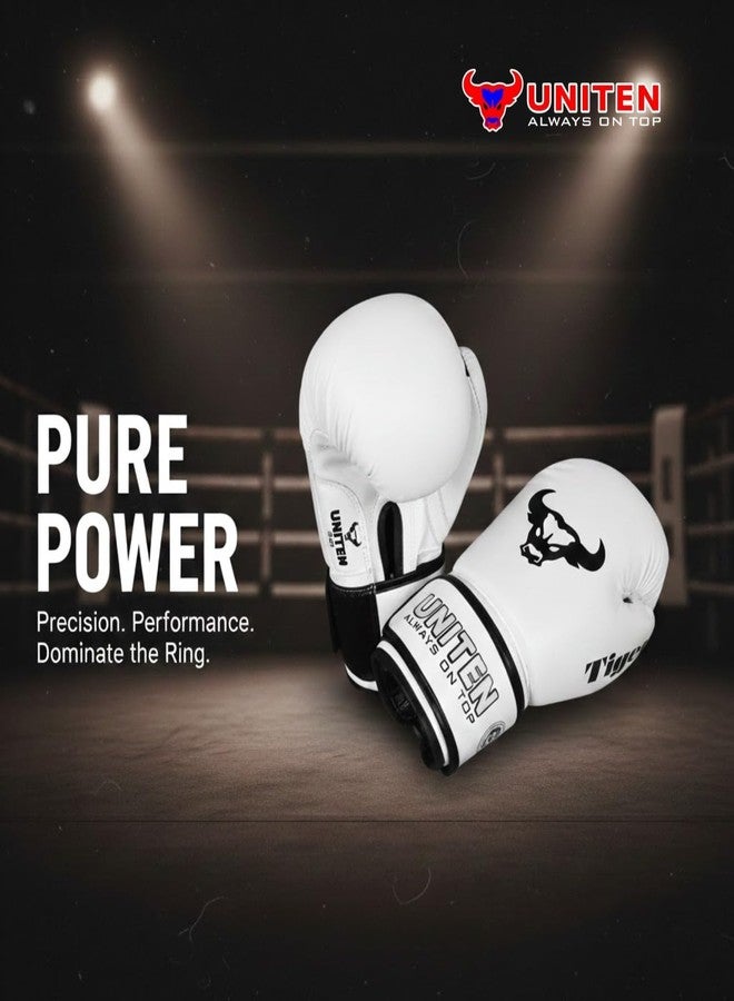 UNITEN Tiger Amateur Boxing Glove | Leather Gloves | Unisex Boxing Gloves (White, 12 oz) - Image 2