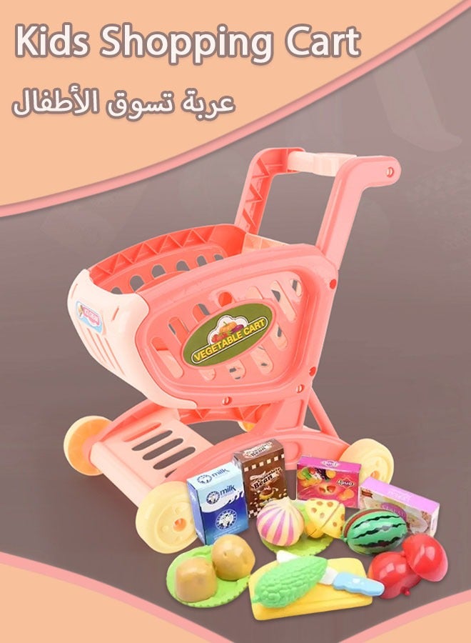 Kids Shopping Cart Trolley Play Set with Pretend Food and Accessories,Play Food Role Play Educational Toy,Perfect for Ages 3+ Pretend Play and Role-Playing Games（Pink） - Image 1