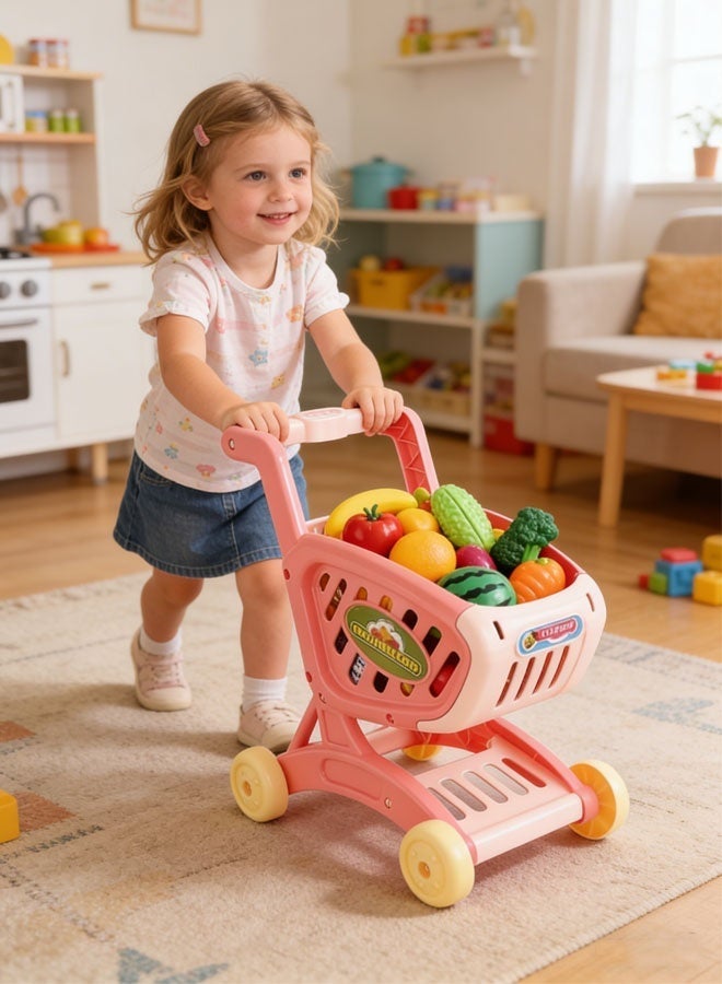 Lasola Kids Shopping Cart Trolley Play Set with Pretend Food and Accessories,Play Food Role Play Educational Toy,Perfect for Ages 3+ Pretend Play and Role-Playing Games（Pink） - Image 3
