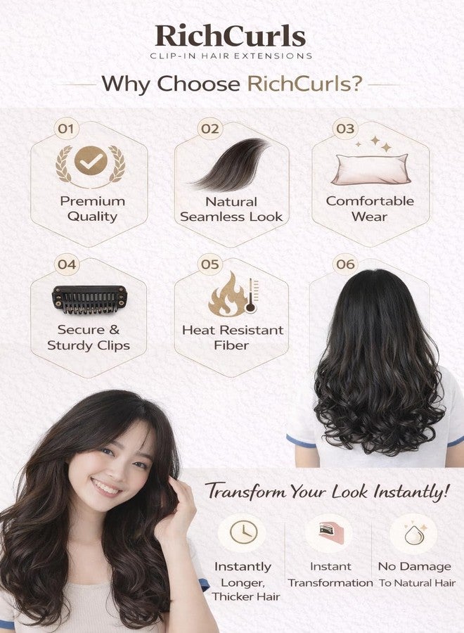RichCurls Curly Hair Extensions for Women, Dark Brown Wavy Synthetic Clip-In Hair, 5 Clip Lightweight Hairpiece, Soft Natural Look, Easy to Wear - Image 5